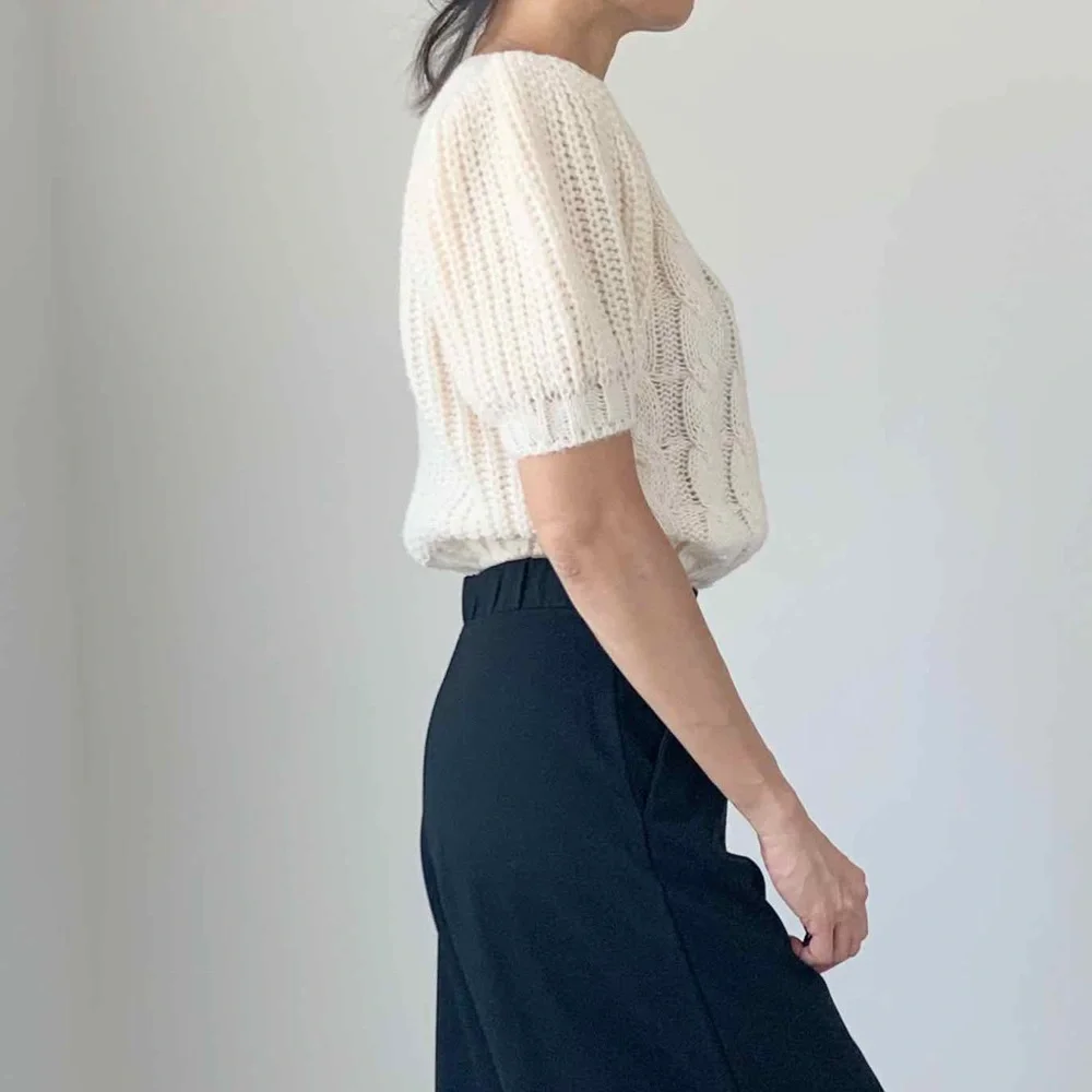 NEW CHUNKY CABLE KNIT PUFF SLEEVE SWEATER TOP - ECRU - Picture 3 of 5